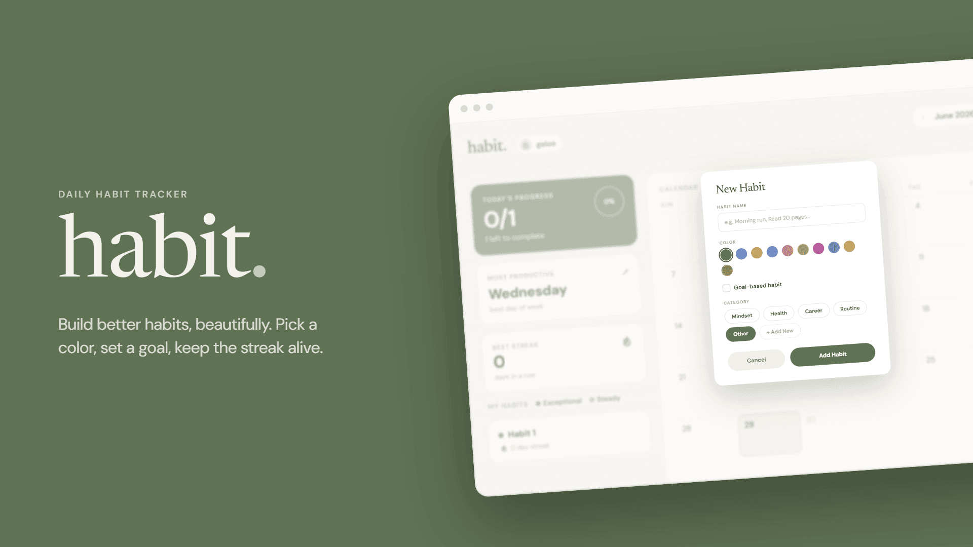Habit Tracker dashboard with New Habit modal